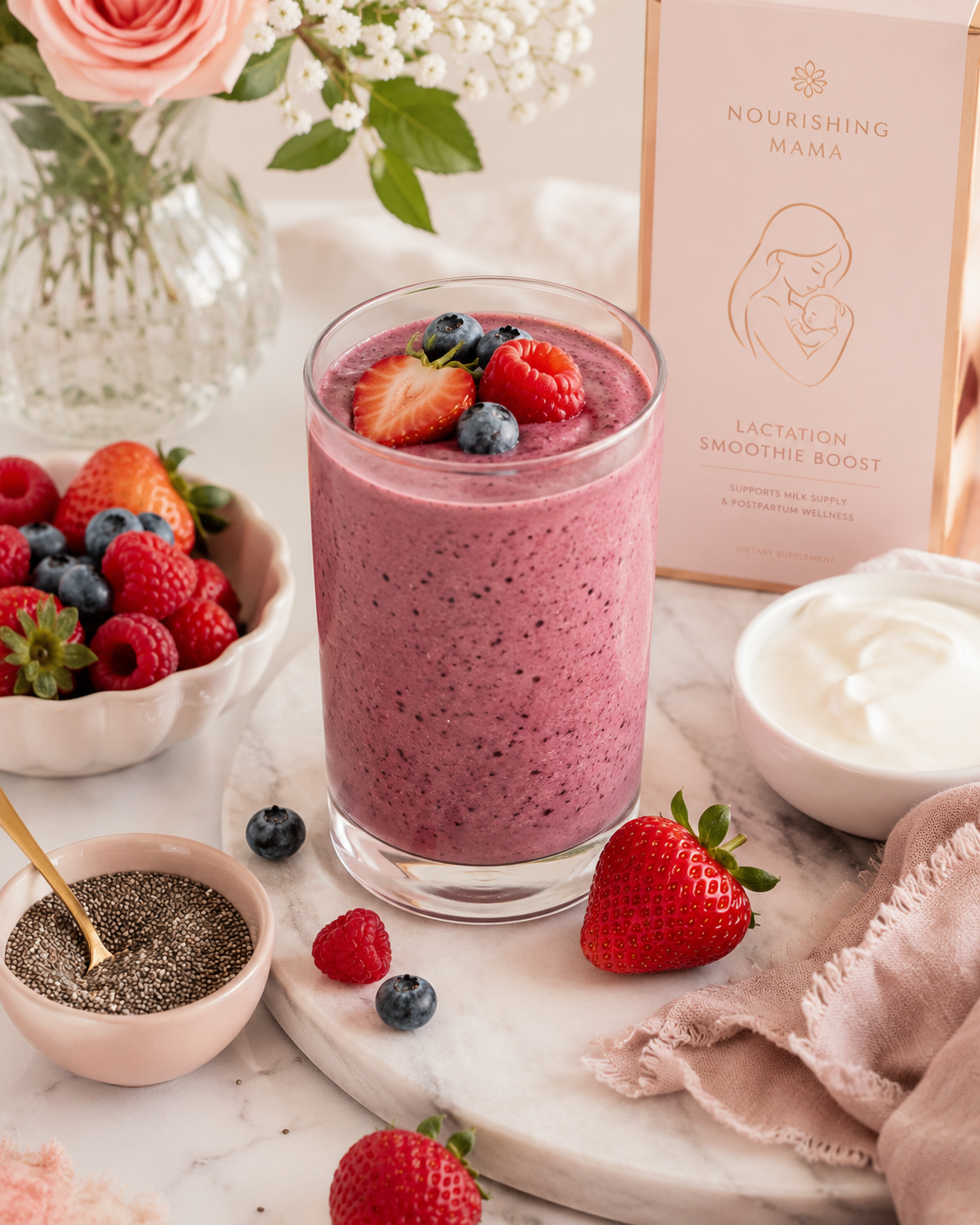 A berry smoothie topped with strawberry, raspberry and blueberries, with bowls of fresh berries, chia seeds and Greek yogurt