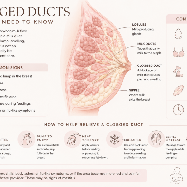 Clogged ducts infographic showing breast anatomy, common signs, common causes, and ways to help relieve a clogged duct