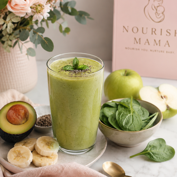 A green smoothie in a glass surrounded by spinach, avocado, banana, green apple and chia seeds