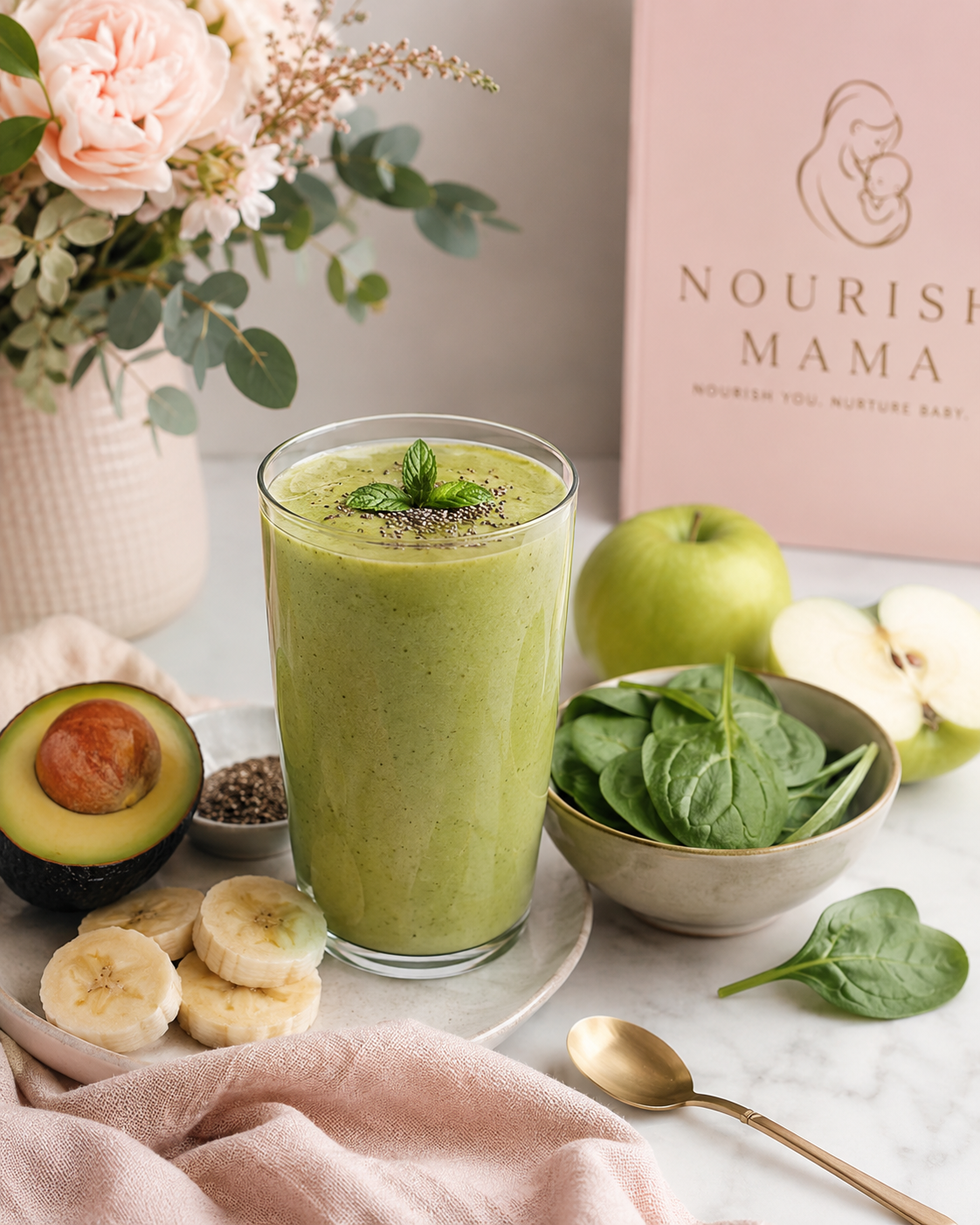 A green smoothie in a glass surrounded by spinach, avocado, banana, green apple and chia seeds