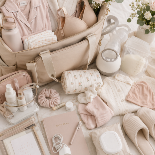 A packed hospital bag with pyjamas, nursing bra, toiletries, birth plan, breast pump, baby clothes and slippers laid out