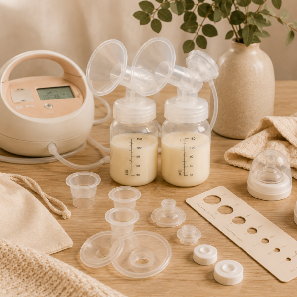 Breast pump, bottles, flange sizing guide and parts laid out on a wooden table